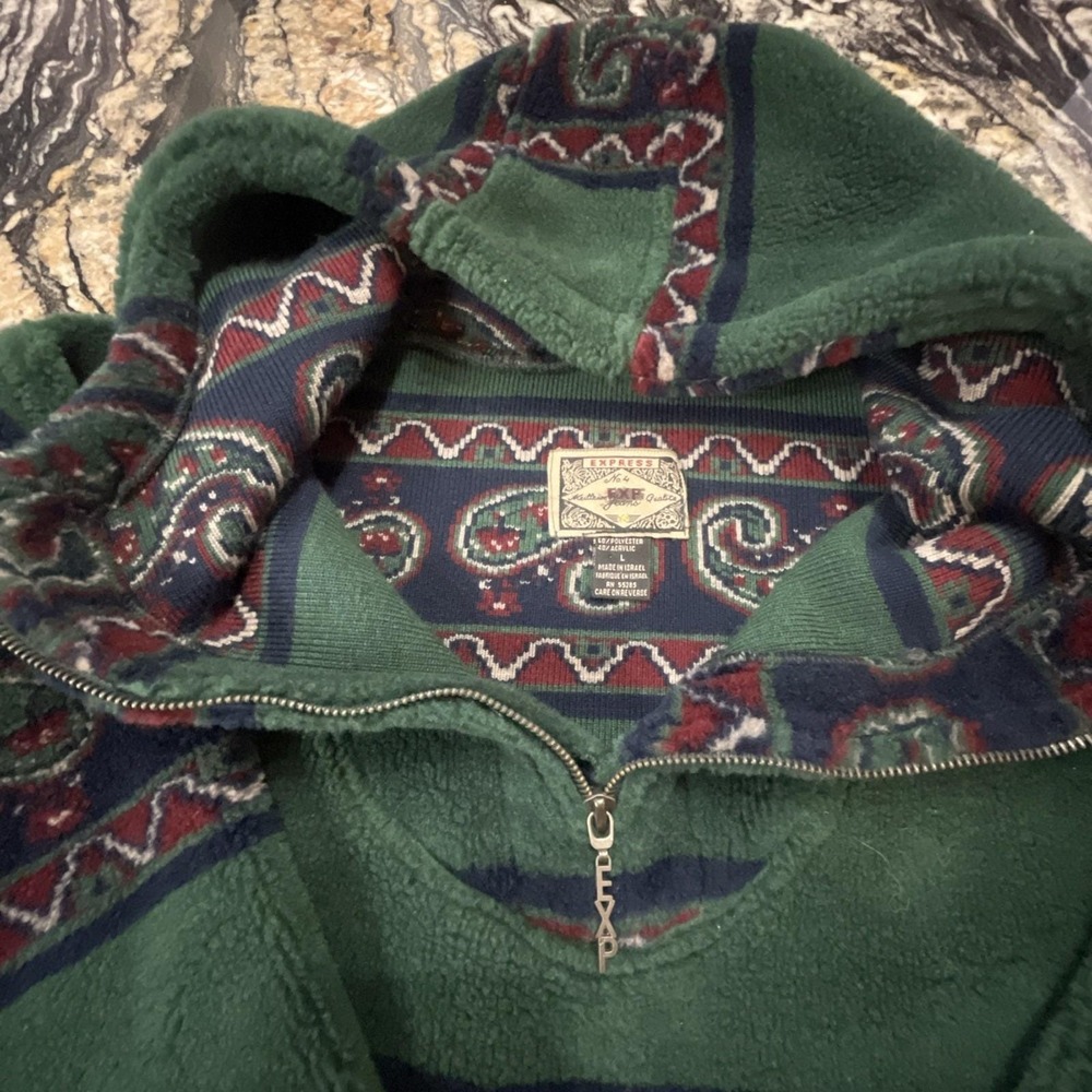 VTG Express Quarter Zip Fleece Green Geometric Paisley Winter L‎ 90s Oversized - Picture 7 of 11